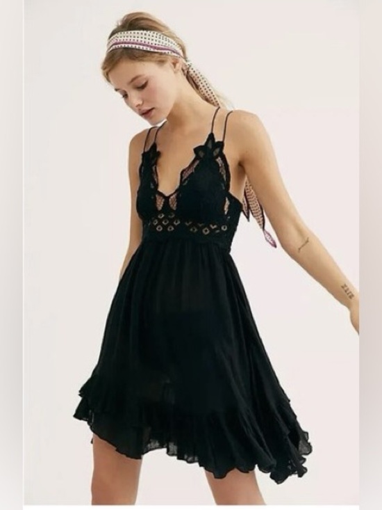 Free People Dresses & Skirts - Free People FP One Adella Slip Dress Crochet Lace Ruffle Mini Black Small